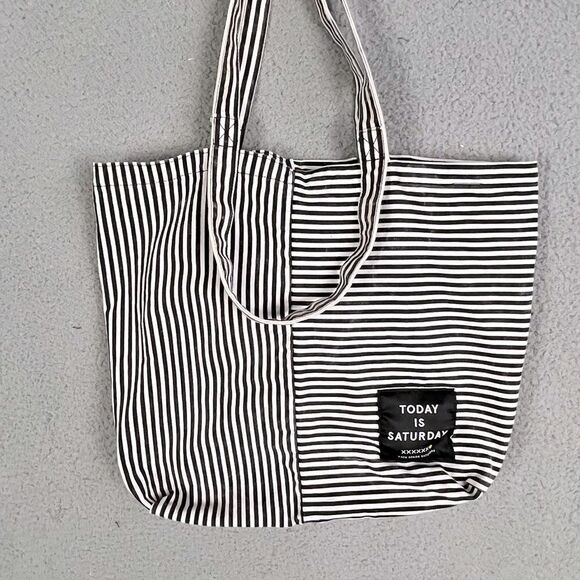 KATE SPADE TODAY IS SATURDAY TOTE BAG BLACK AND WHITE STRIPES - Picture 12 of 12